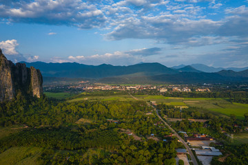 Wall Mural - Aerial view of beautiful landscapes at Vang Vieng , Laos. Southeast Asia. Photo made by drone from above. Bird eye view.