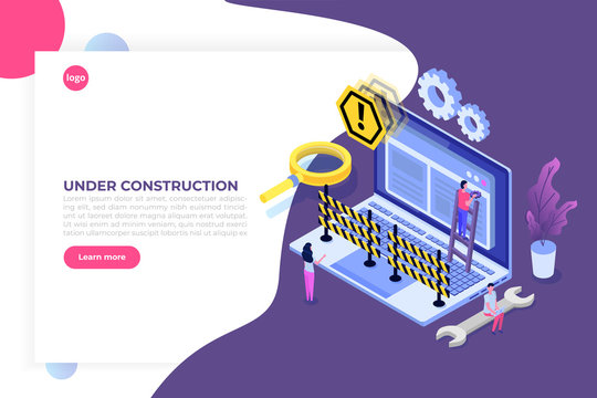  Developing web site, Website under construction, Coming Soon concept page. Maintenance work.  Flat Isometric Vector Illustration.