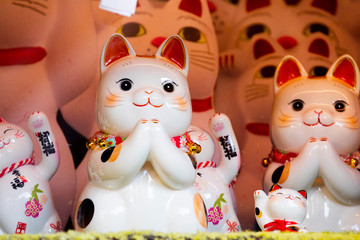 Wall Mural - A group of ceramic Japanese lucky cats in the display cabinet (subtitle: Lucky Cat, Jin Yun Laifu)