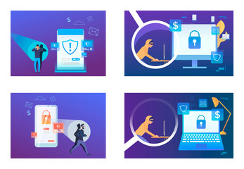 Aufkleber - Hacker attack set. Cyber criminal hacking into phone and laptop software. Flat vector illustrations. Data safety, security, crime concept for banner, website design or landing web page