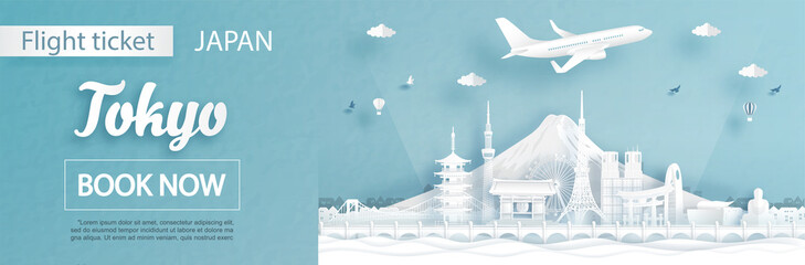 Wall Mural - Flight and ticket advertising template with travel to tokyo, Japan concept and famous landmarks in paper cut style vector illustration