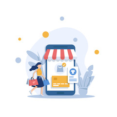 Fototapete - Modern flat design concept of online shopping with small people,mobile website development. UI and UX design