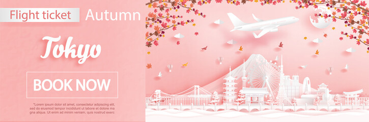 Wall Mural - Flight and ticket advertising template with travel to Tokyo, Japan in autumn season deal with falling maple leaves and famous landmarks in paper cut style vector illustration