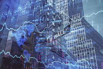 Fototapete - Forex chart on cityscape with tall buildings background multi exposure. Financial research concept.