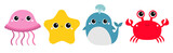 Fototapeta Fototapety na ścianę do pokoju dziecięcego - Whale Jellyfish Crab Starfish toy icon set line. Big eyes. Yellow star. Cute cartoon kawaii funny baby character. Sea ocean animal collection. Flat design. Kids print. White background. Isolated.