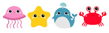 Whale Jellyfish Crab Starfish Toy Icon Set Line. Big Eyes. Yellow Star. Cute Cartoon Kawaii Funny Baby Character. Sea Ocean Animal Collection. Flat Design. Kids Print. White Background. Isolated.