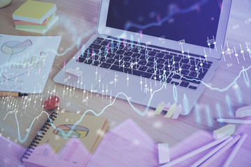 Aufkleber - Financial market graph hologram and personal computer on background. Multi exposure. Concept of forex.