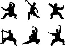 Wushu, Kung Fu, Taekwondo. Silhouette Of People Isolated On White Background. Sports Positions. Design Elements And Icons. Vector Illustration.