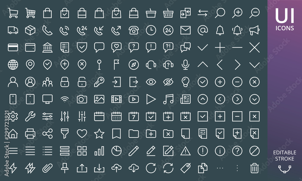 Rectangular style website icons ui material design set. Set of ecommerce and online shopping icons - cart, bag, delivery truck, payments, arrows, assistant, chat, filter, documents on dark background. - obrazy, fototapety, plakaty 