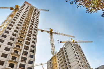 Wall Mural - Construction site with buildings and industrial cranes