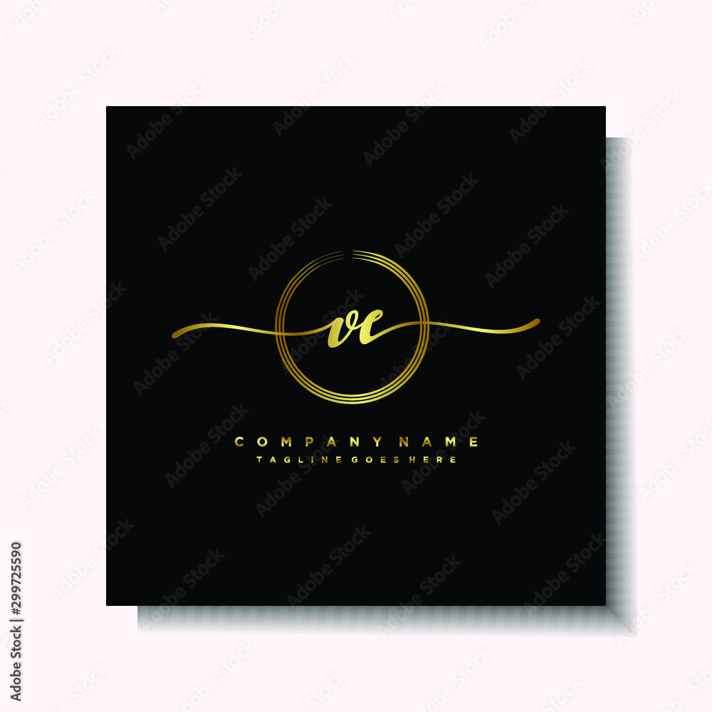Initial VE Handwriting logo brush circle template is gold color ...