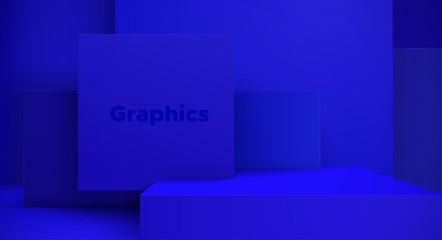 Poster - Minimal geometric interior. Vector 3d illustration. Modern studio space. Vivid blue background. Futuristic showroom concept. Stage or podium for product exposition
