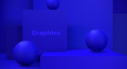 Poster - Minimal geometric interior. Vector 3d illustration. Modern studio space. Vivid blue background. Futuristic showroom concept. Stage or podium for product exposition. Geometric cubes and spheres
