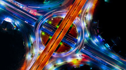 Arial view of Modern transportation with Expressway, Road and Roundabout, multilevel junction highway-Top view. Important infrastructure.