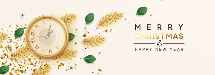 Horizontal Christmas banner, poster, greeting cards, headers, website. Xmas design background vintage yellow watch, decorative golden pine and fir branches, falling glitter gold confetti.