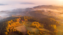 Colorful Sunrise Over Forest And Countryside In Poland. Aerial Drone View
