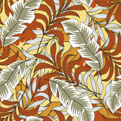  Trend seamless tropical pattern with bright white and orange plants, and leaves on a yellow background.  Modern abstract design for fabric, paper, interior decor. Printing and textiles. 