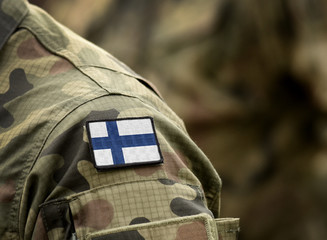 Sticker - Flag of Finland on military uniform. Army, troops, soldiers. Collage.