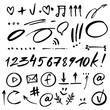 Hand drawn signs and numbers for social networks. Sale in the store and phone number. Arrows and dots.