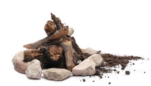 Decorative Dry Rotten Branches In Soil, Dirt Pile With Rocks, Wood For Campfire Isolated On White Background