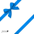 Blue bow with diagonally ribbon on the corner. Vector bow for page decor, gifts, greetings, holidays.
