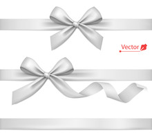 Holiday White Or Silver Bow With Ribbon. Vector Present.