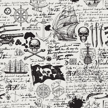 Vector Abstract Seamless Pattern With Skulls, Crossbones, Pirate Flag, Swords, Guns, Caravels And Other Nautical Symbols. Vintage Hand-drawn Background With Handwritten Notes, Ink Blots And Stains