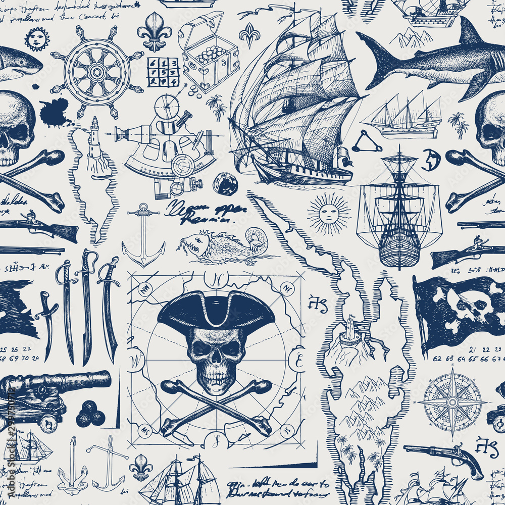 Vector abstract seamless pattern with skull, crossbones, pirate flag, swords, guns, caravels, old map and other nautical symbols. Vintage background with hand-drawn sketches, ink blots and stains - obrazy, fototapety, plakaty 
