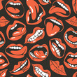 Vector seamless pattern with sexy woman lips with different emotions. Woman mouth with a kiss, smile, tongue and teeth on dark background. Red lips collection. Wallpaper, wrapping paper, fabric