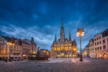 Liberec, Czechia. View Of Main Square With Town Hall Building And Fountain At Dusk (HDR-image)