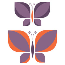 Two Retro Purple Geometric Butterfly Vector Illustration. Hand Drawn Garden Insect In 60s Flat Color. Vintage Orange Bug Wildlife Clipart. 