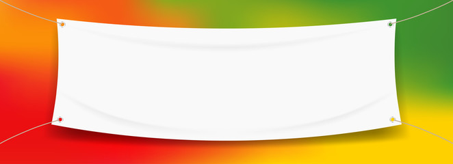Wall Mural - vinyl banner blank white isolated on colorful art background, white mock up textile fabric empty for banner advertising stand hanging, indoor outdoor fabric vinyl on colored paint rainbow colors frame