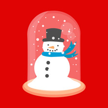 Christmas Snow Globe With A Snowman Inside In Flat Style. New Year Glass Ball Vector Icon.