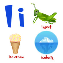 Vector Cute Kids Cartoon Alphabet. Letter I With Insect, Ice-cream And Iceberg. Vector Illustration.