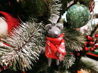 Funny mouse-a symbol of the new year 2020 on the Christmas tree as a decoration. Felt toy mouse, great design for any purposes. Christmas toy. Christmas decoration.