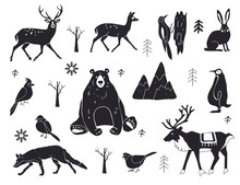 Vector Set Of Northern Animals Silhouettes. Set Of Winter Animals. Merry Christmas And New Year. Design Element Poster, Banner, Invitation, Congratulations, Postcards.