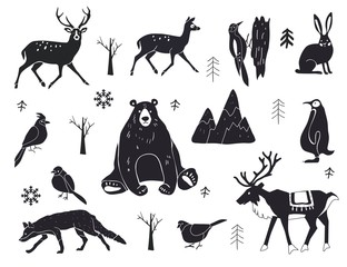 Vector set of northern animals silhouettes. Set of winter animals. Merry Christmas and New year. Design element poster, banner, invitation, congratulations, postcards.