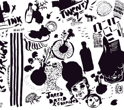 Phone side doodle. Unique visual ramble in calligraphic pen, marker, ink. Grungy illustration. An arty medley of ideas, motives galore: a teapot, a face, wicked hedgehog, crazy feral cat. Still life