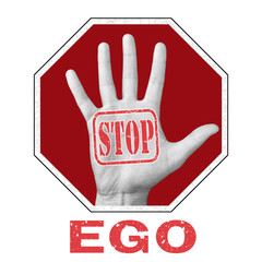 Open hand with stop ego text on a white background. Global social issue