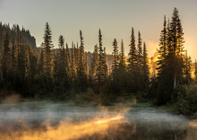 Morning Sunlight And Mist, Reflection Lake, Mount Rainier National Park, Washington State