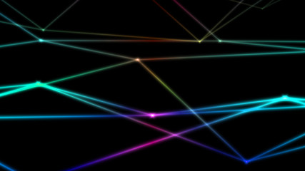 Poster - computer abstraction, color lines broken at nodes on a dark background, 3D model