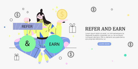 Vector illustration of a sitting girl with referral marketing scheme or infographics. Refer a friend, refer and earn concept or referral marketing strategy banner, landing page, ui element, flyer.