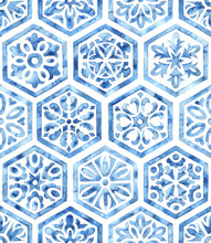 White And Blue Watercolor Seamless Pattern. Hexagonal Tile Drawn With A Brush On Paper. Print For Textiles.