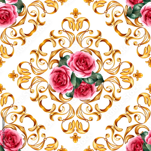 Seamless pattern with golden curls. Roses and baroque background