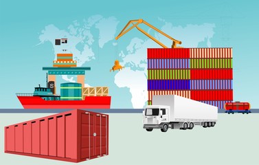 Logistics and transportation of Container Cargo ship and sea port with working crane in shipyard , logistic import export and transport concept vector