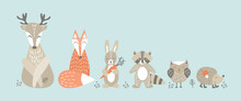 Set Of Cute Cartoon Woodland Animals In Scandinavian Style. Funny Characters On Blue Background. Flat Vector Illustration.