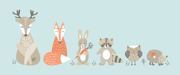 Set of cute cartoon woodland animals in scandinavian style. Funny characters on blue background. Flat vector illustration.