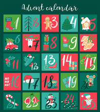 Christmas Advent Calendar With Hand Drawn Elements. Xmas Poster. Vector Illustration For 25 December Days.