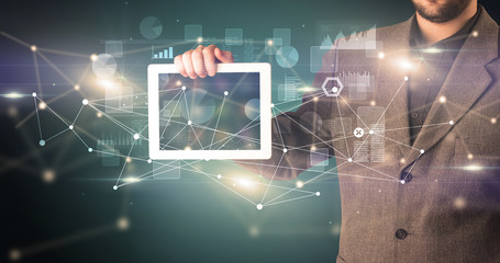 Poster - Elegant hand holding tablet with virtual database and network concept
