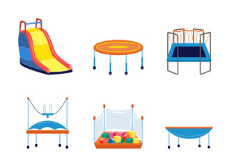 Canvas Print - Set of kids amusement park trampolines, slides flat vector illustrations isolated.